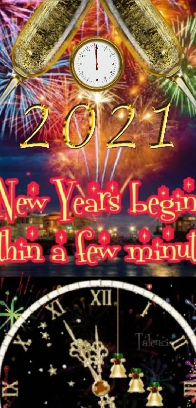 New Year's wallpaper with fireworks, 2021, and a countdown clock.