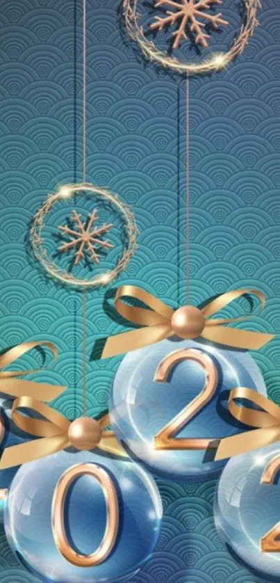 New Year 2024 wallpaper with gold decorations and blue background.