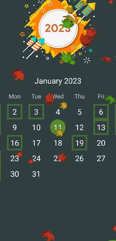 2023 mobile calendar wallpaper with vibrant colors and dynamic layout.