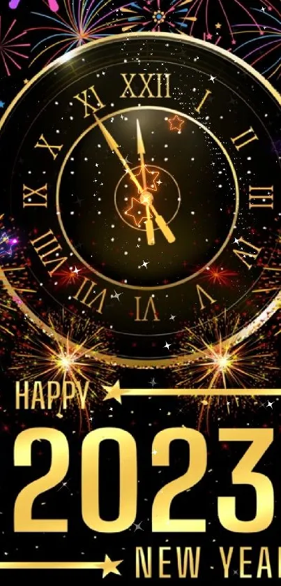 2023 New Year wallpaper with golden clock and fireworks.