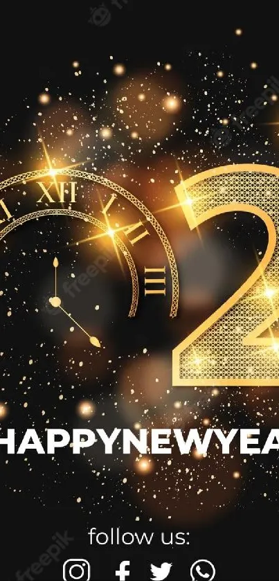 2023 New Year wallpaper with glittering gold text and clock design.