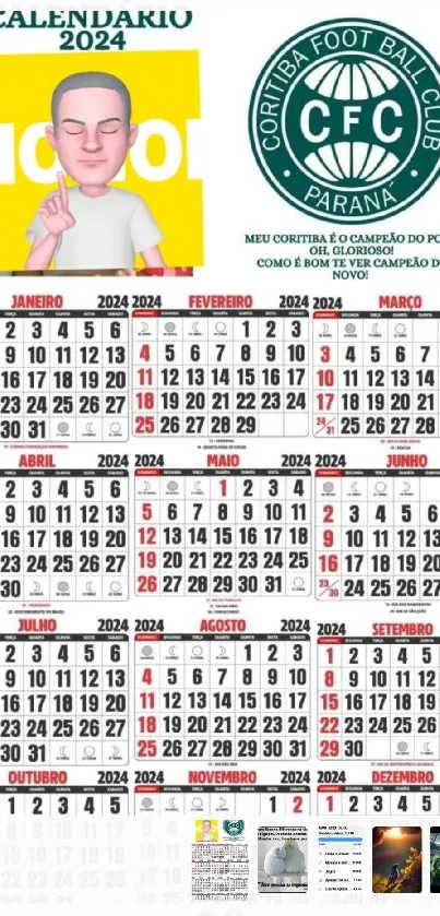 2024 calendar with Coritiba FC logo and monthly view.