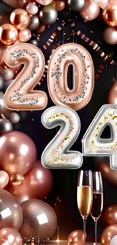 Festive 2024 wallpaper with balloons and champagne glasses.