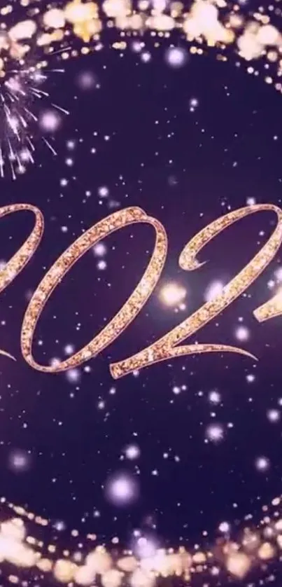 2024 New Year wallpaper with purple fireworks and glittering text.