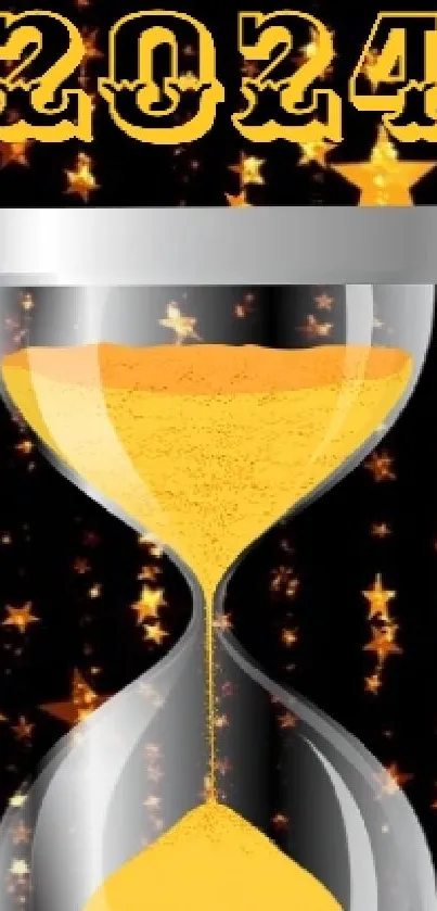 2024 hourglass with golden stars on a black background.