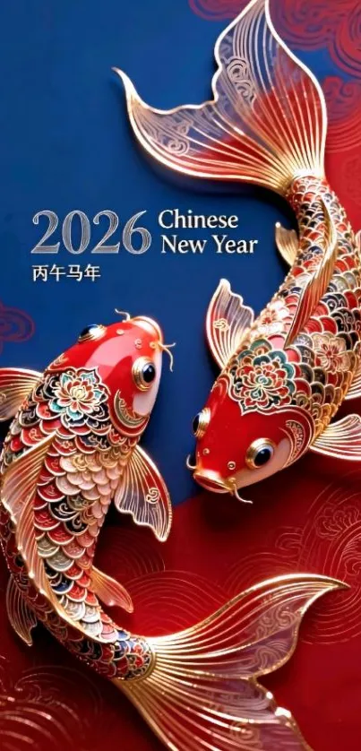 Ornate koi fish for 2026 Chinese New Year on a red and blue background.