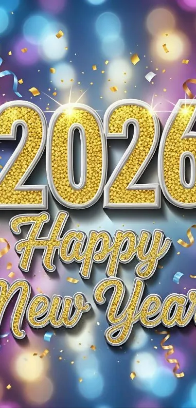 2026 Happy New Year wallpaper with glitter and confetti.