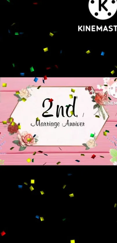 2nd marriage anniversary wallpaper with pink floral design and confetti accents.