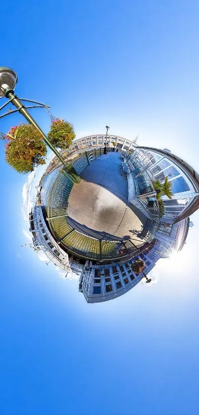 360-degree urban street view against a vivid blue sky forming a tiny planet shape.