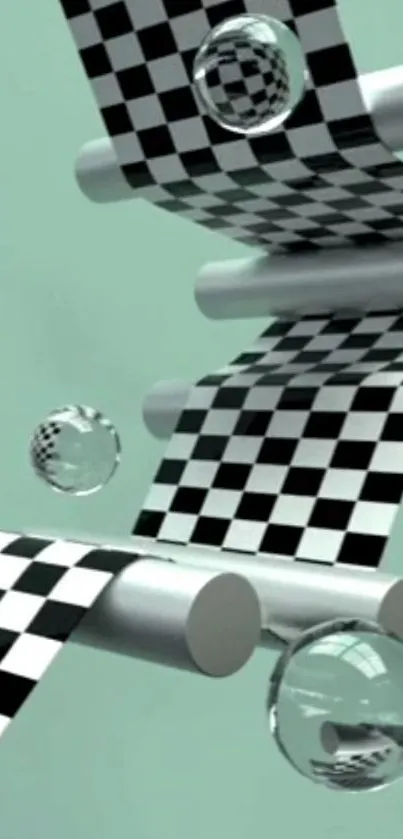 3D checkered wallpaper with floating spheres on a mint background.