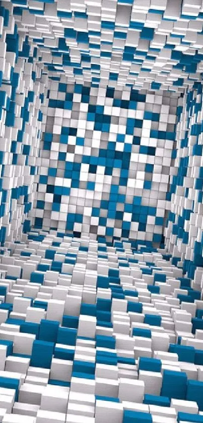 3D abstract cube tunnel with blue and white blocks.