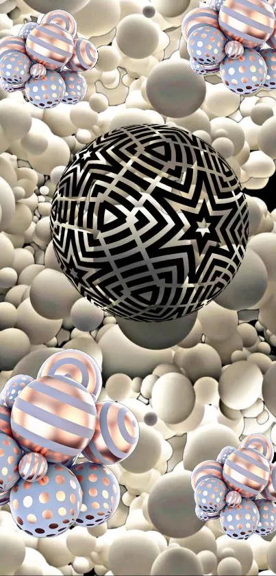 Intricate 3D geometric wallpaper with colorful patterned spheres.