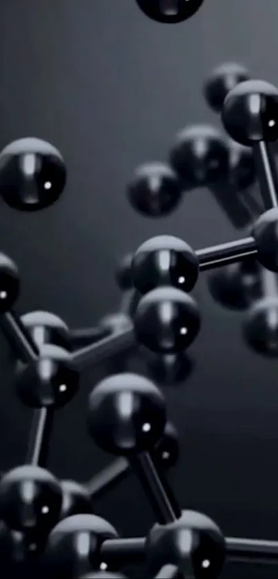 3D abstract molecule wallpaper with dark background and metallic spheres.