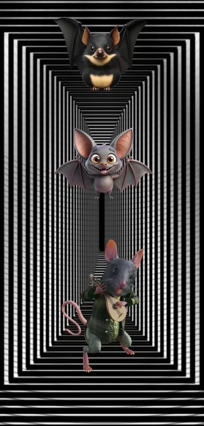 3D cartoon bat and rat in optical illusion art.