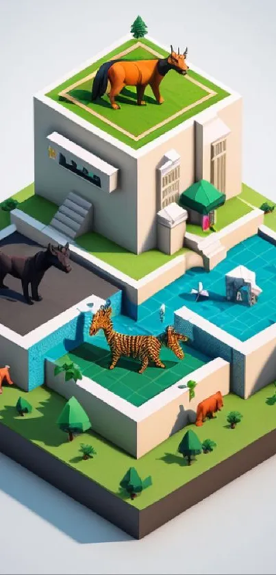 3D illustration of animal sanctuary with colorful wildlife and architecture.