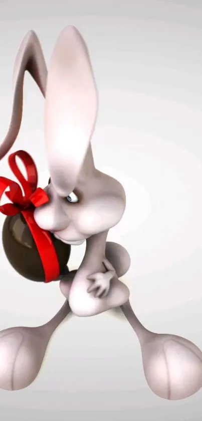 3D animated bunny holding a brown gift with a red ribbon.