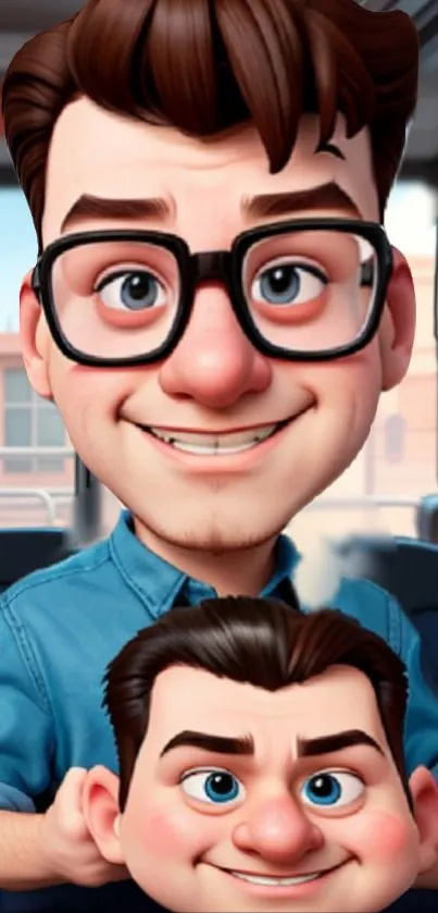 3D animated cartoon character wearing glasses, smiling in a blue shirt.