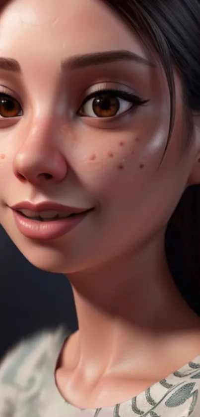 3D animated portrait of a young girl with freckles and expressive eyes.