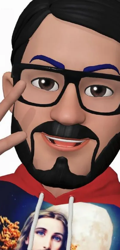 3D avatar in red hoodie with glasses and beard waves playfully.