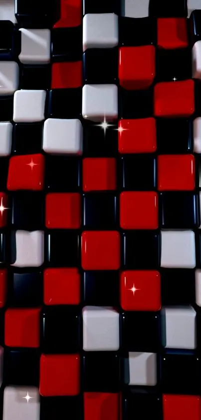 3D wallpaper with black, red, and white cubes in a glossy pattern.