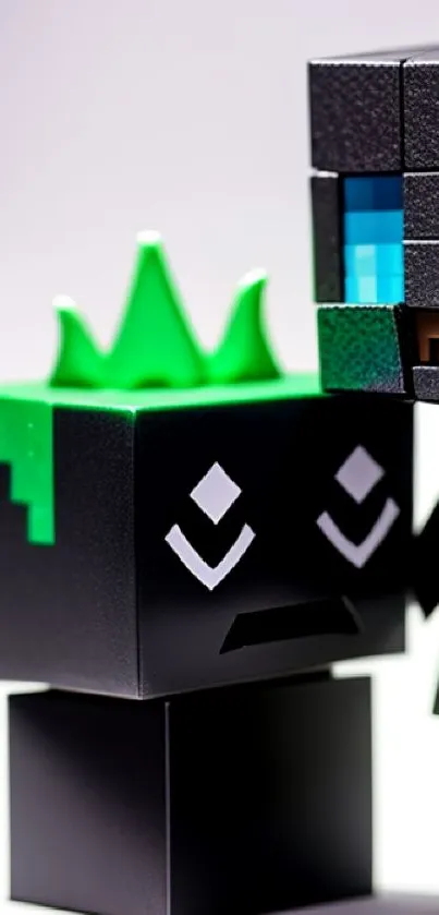 3D block characters with green accents in a stylized design.