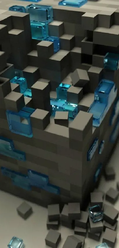 3D pixelated block with a pickaxe, blue gems, and scattered stones.