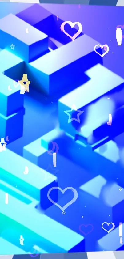 3D blue blocks with floating hearts and stars wallpaper.