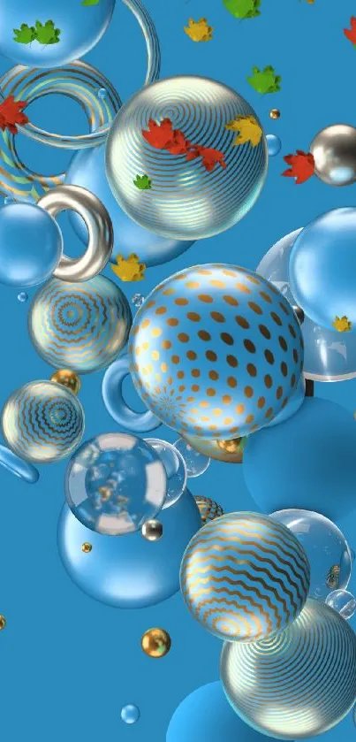 3D blue bubble art wallpaper with floating spheres and patterns.