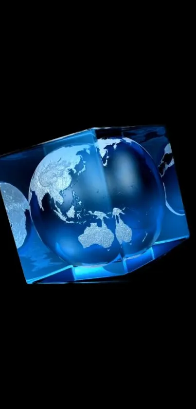 3D blue globe encased in a crystal cube against a black background.