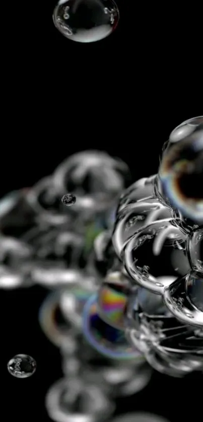 3D bubble wallpaper on black background, features reflective glass-like spheres.