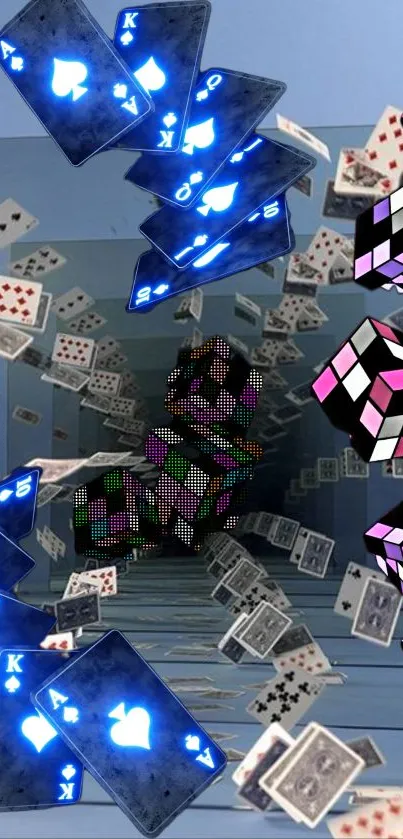 3D design with glowing cards and cubes floating on a blue background.