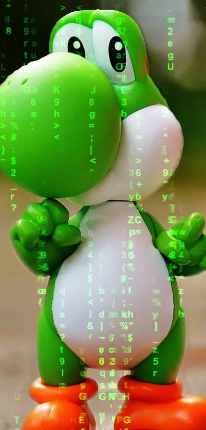 3D cartoon character with green digital matrix background.