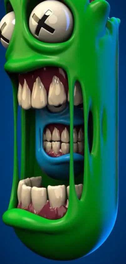 3D cartoon monster with green and blue colors, large teeth, and expressive eyes.