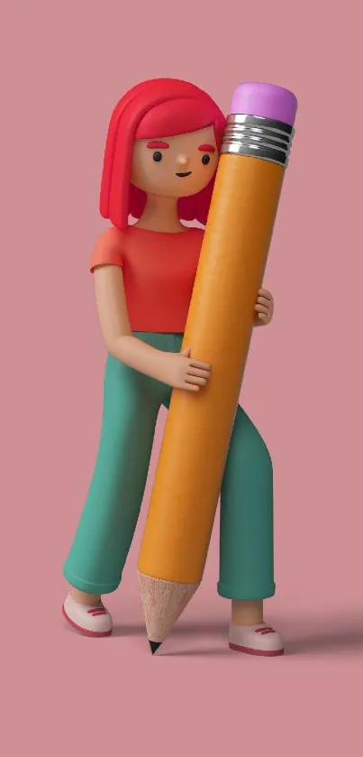 3D cartoon of a red-haired character holding a pencil on a pink background.