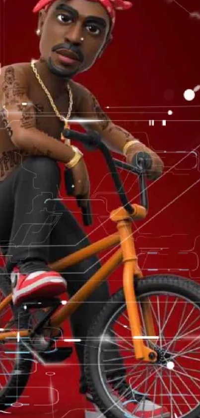 3D character on bike with red background wallpaper.