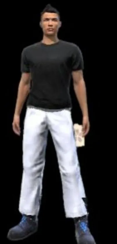 3D character in white pants on black background.