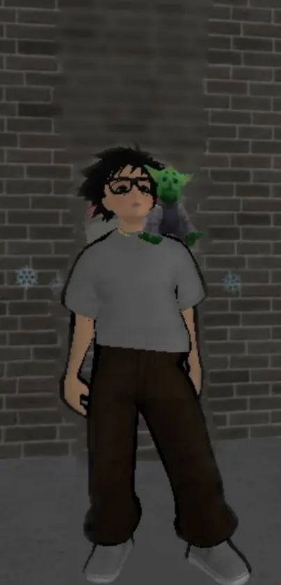 3D character with green dragon on shoulder against brick wall.