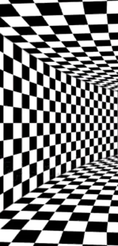 3D black and white checkered tunnel wallpaper.