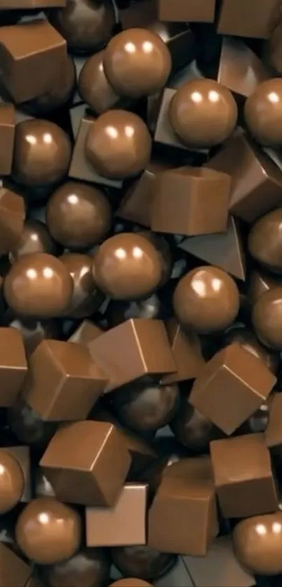 3D chocolate blocks and spheres on wallpaper.