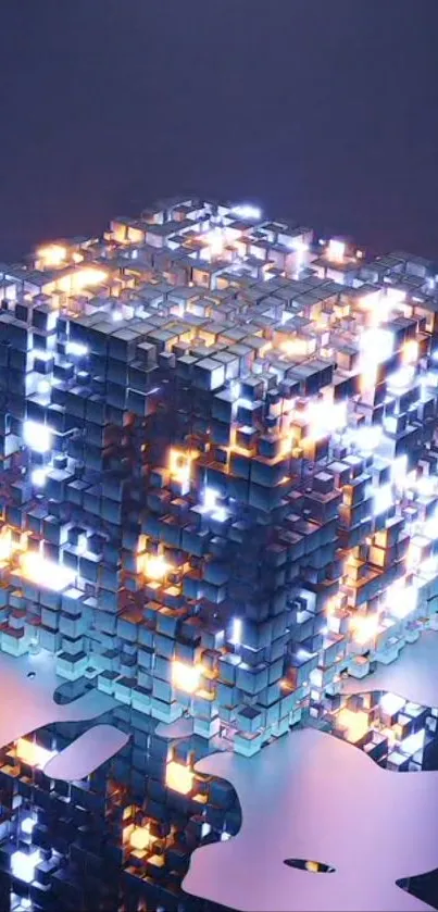 3D metallic cube with glowing lights