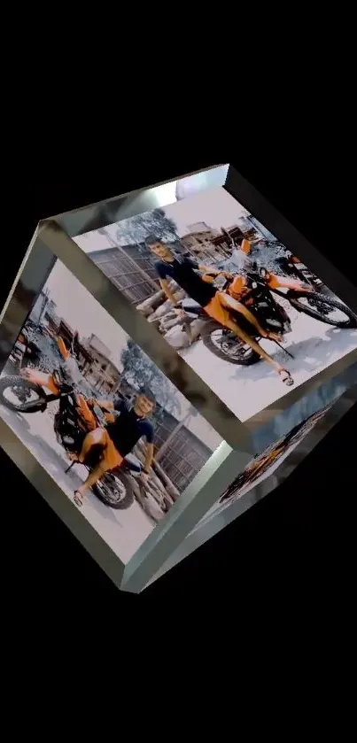 3D cube with motorcycle image on black background.