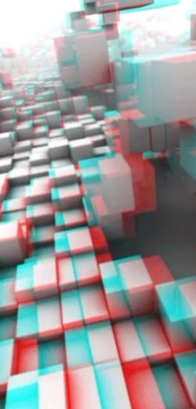 3D abstract cubes with red and cyan hues creating a geometric pattern.