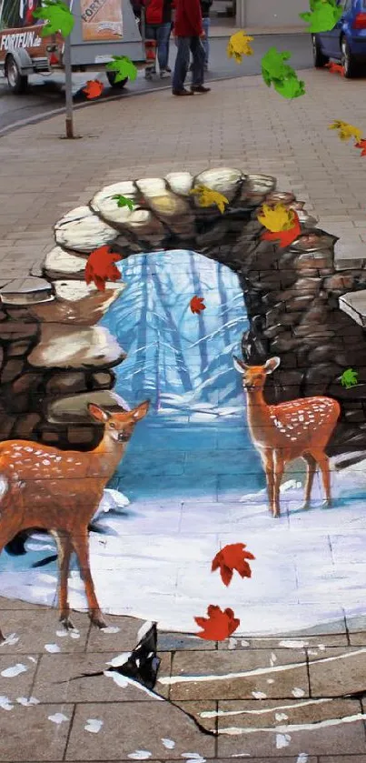 3D street art depicting deer in a snowy winter scene on a sidewalk.