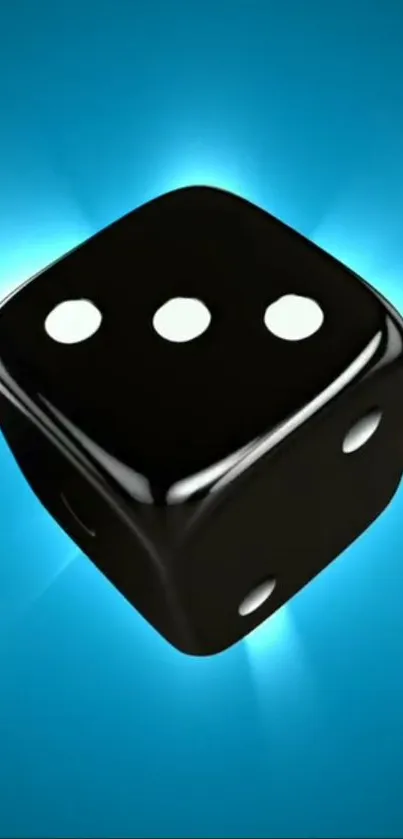 3D glossy black dice with blue glowing background.