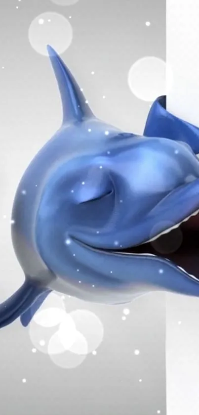 3D animated dolphin in blue hues jumping.