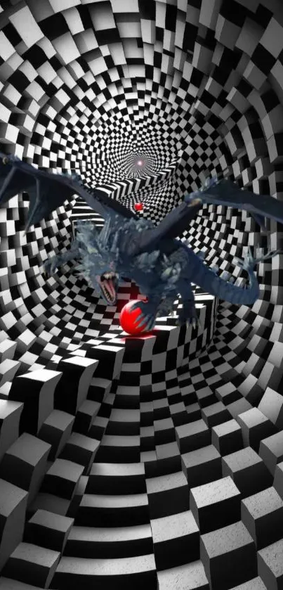 3D dragon in a checkered tunnel artwork wallpaper.