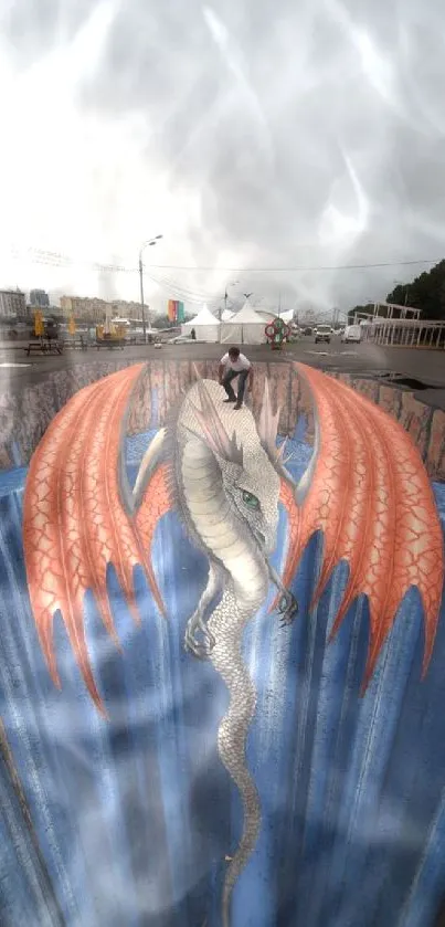 3D street art wallpaper featuring a dragon in a blue crater.