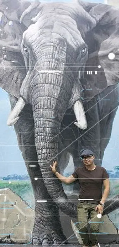 3D elephant breaking through wall mural with chimpanzee playing violin.