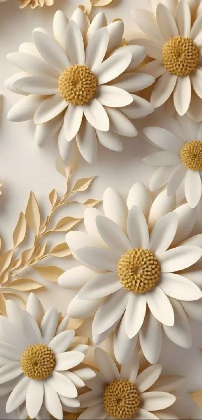 3D wallpaper with white and golden flowers.