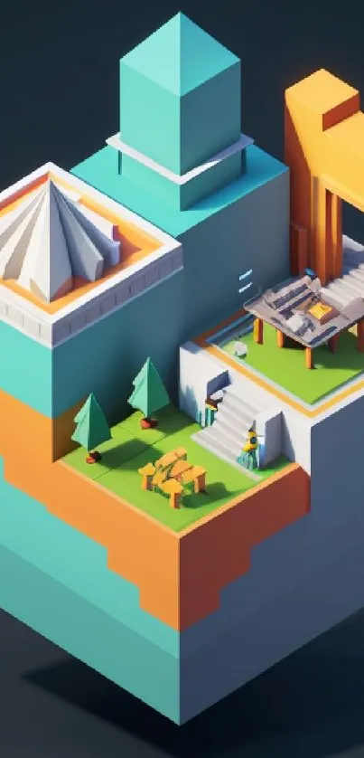 3D isometric geometric art with teal and orange hues in modern design.